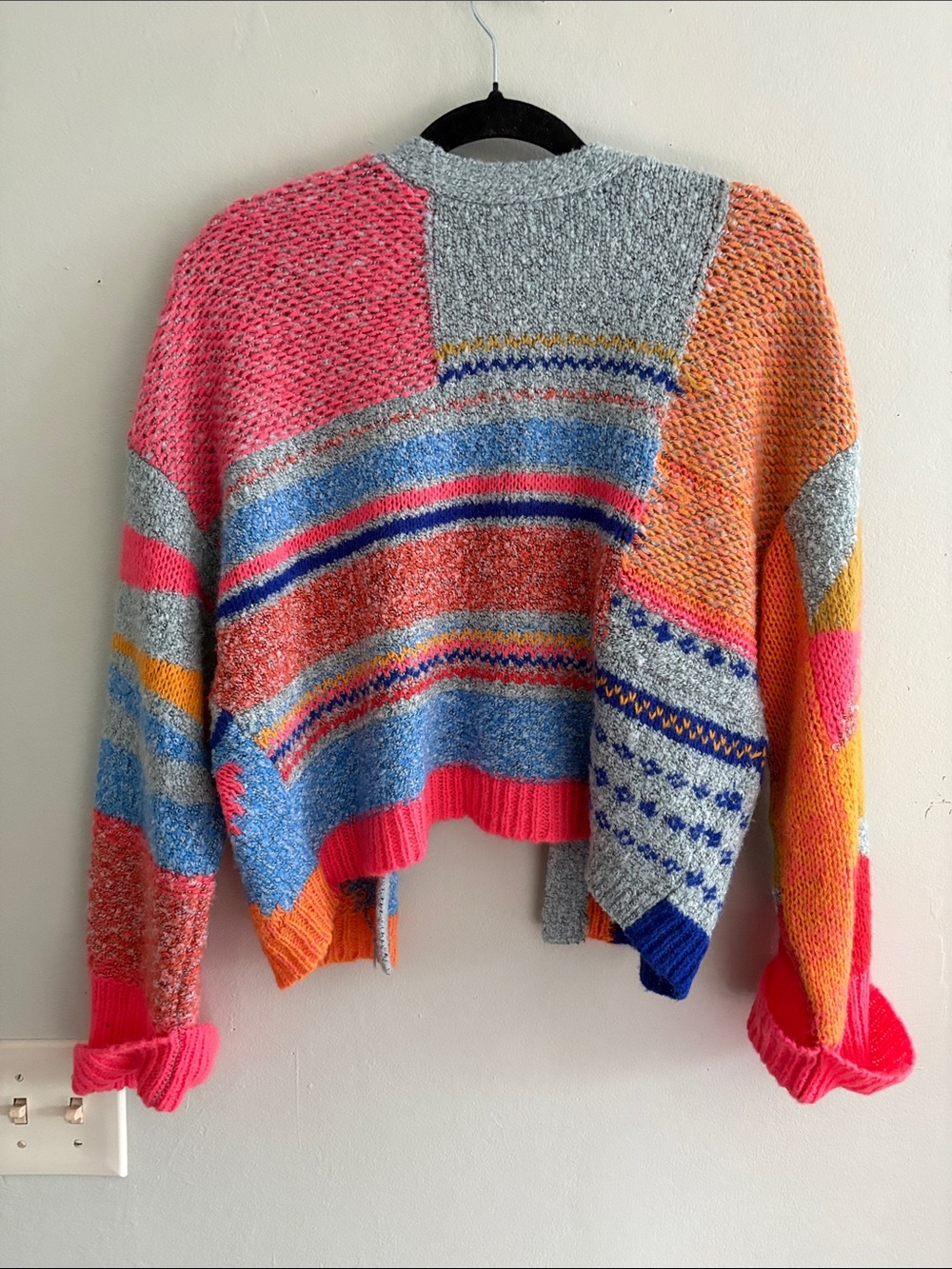 Multicolor Patchwork Open-Front Cardigan — Pink, Gray, Blue & Orange - Picture 3 of 3